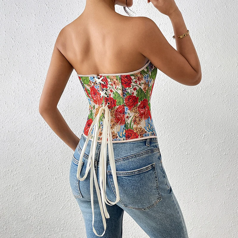 Summer new style retro print boned corset with lace-up drawstring at the back, French-style strapless shaping bustier for outer