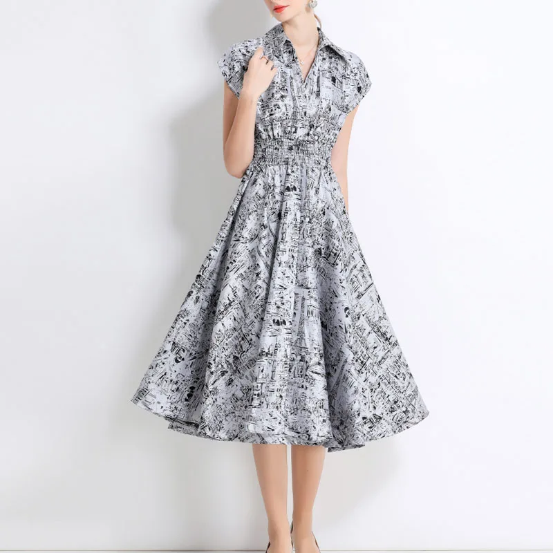 Modne sukienki damskie z krótkim rękawem i nadrukiem, sukienka damska z kołnierzykiem, dopasowana sukienka damska w kształcie litery A, Vestidos De Verano Mujer Q387