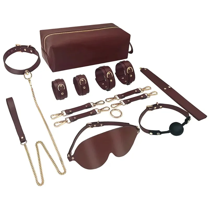 Genuine leather Bondage Kits Handcuff Ankle Cuffs Neck Collar Mouth Gag Hogtie Restraint SM Set Adult Games Sex Toys for Couples