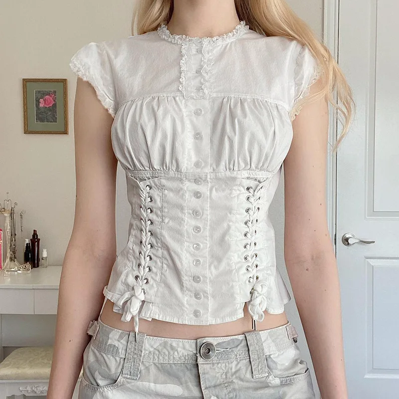 French Style Waist Cinching Tied Shirt with Summer Court Style Lace Buckle Splicing Micro Pleated Solid Color Sexy Top for Women