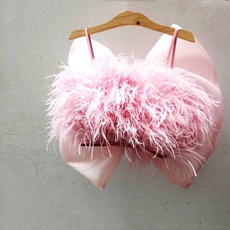 Pink Fashion Feathers Women's Top Spaghetti Strap Big Bow Sexy Summer Elegant Party Cocktail Clothes Custom Made Free Shipping