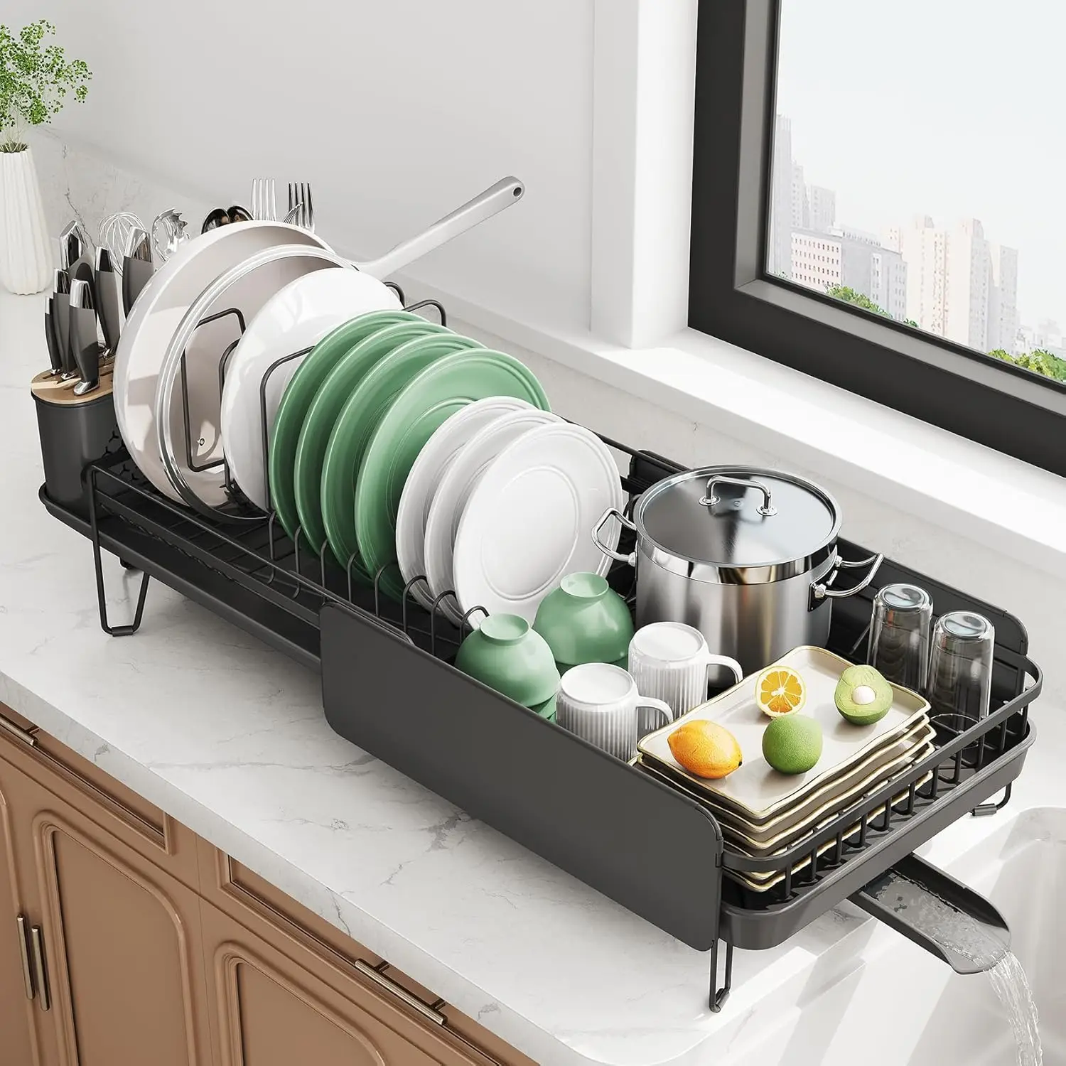 

Expandable Dish Drying Rack, Stainless Steel Kitchen Counter Drainer with Utensil, Pan & Pot Lid Holder, Black