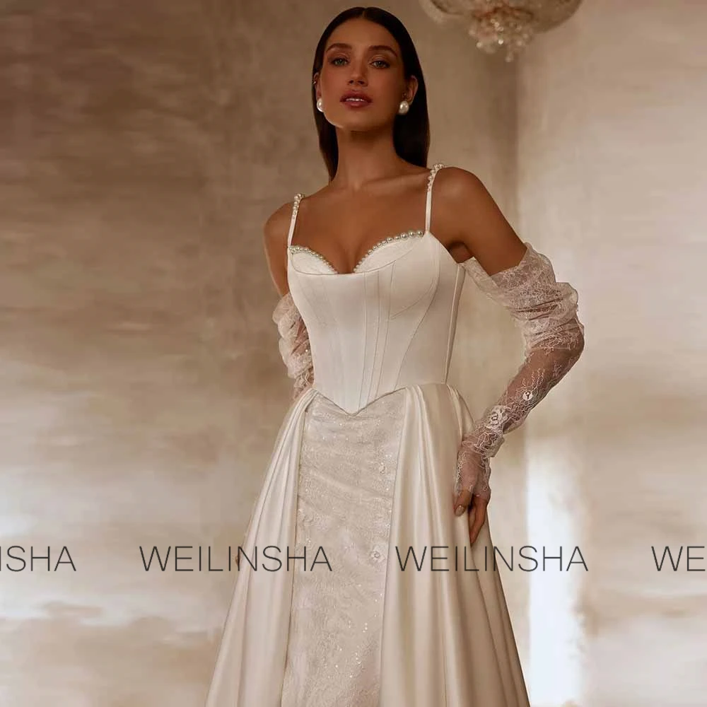 High Quality Wedding Guest Dresses Satin A-line Wedding Party Dresses Ivory Sweetheart Lace Gloves Tailing Wedding Dresses Women