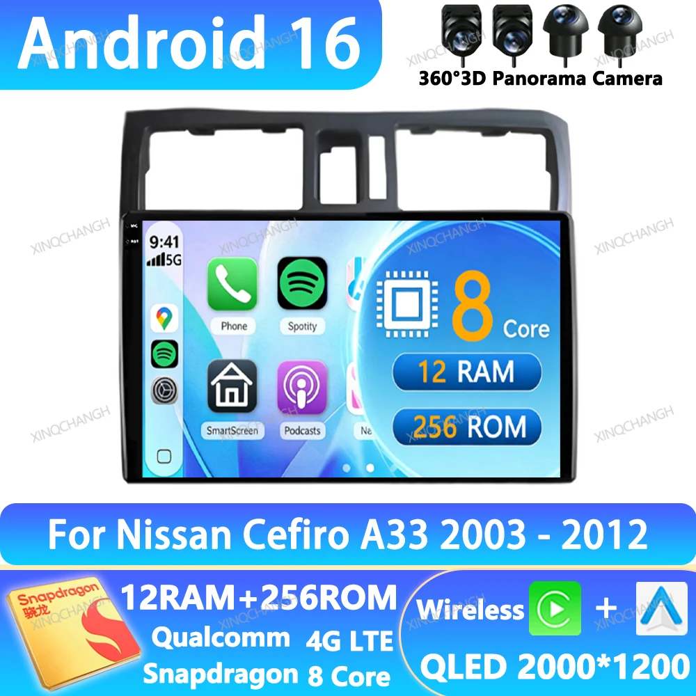 Android 16 Car Radio For Nissan Cefiro A33 2003 - 2012 Head Unit 4G LTE 5G WIFI Multimedia Video Player BT 2DIN QLED GPS BT GPS
