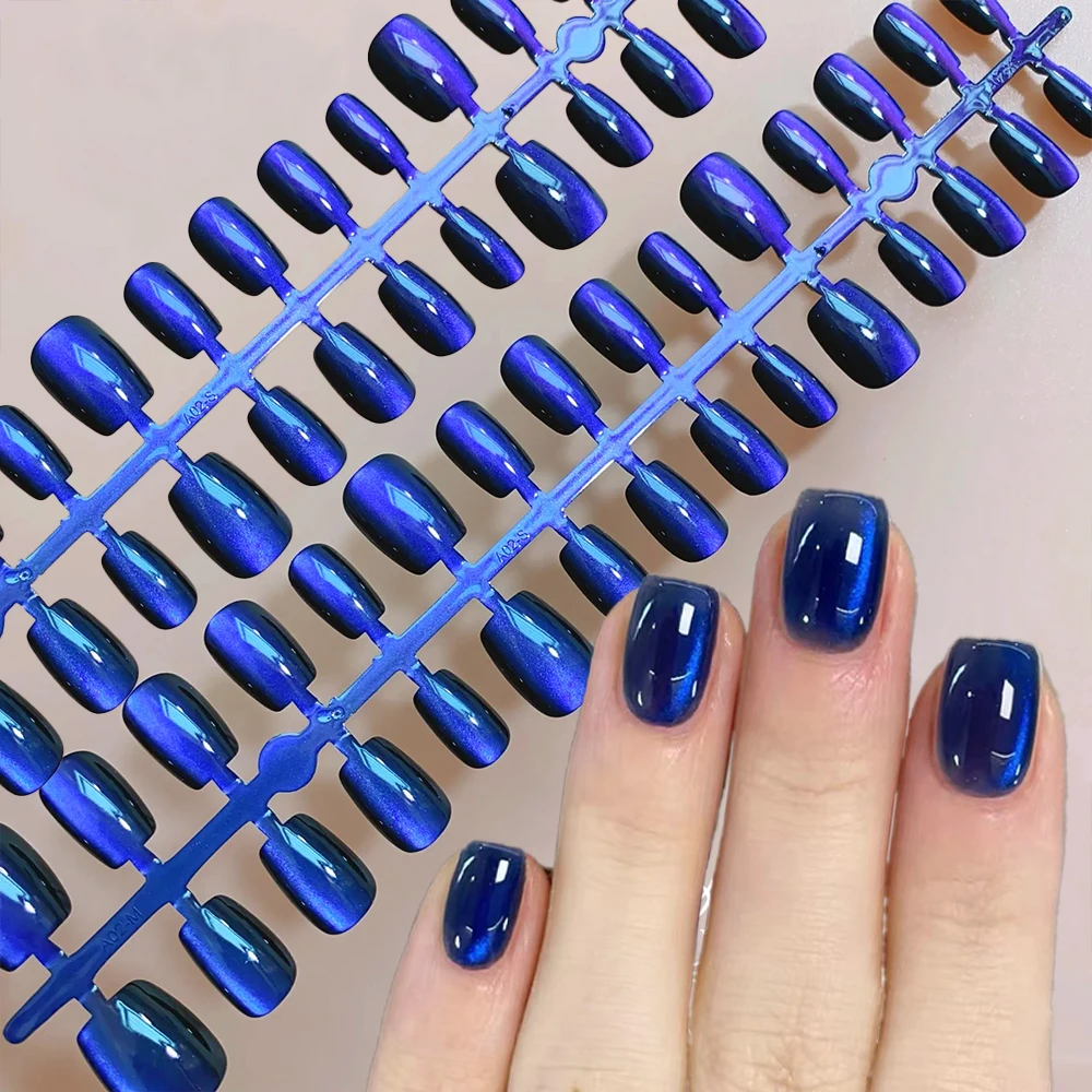 30개 클라인 블루 캣아이 가짜 손톱 짧은 사각형 광택 캣 마그네틱 프레스온 네일 크리스마스 착용 가능한 아크릴 인조 손톱 팁&