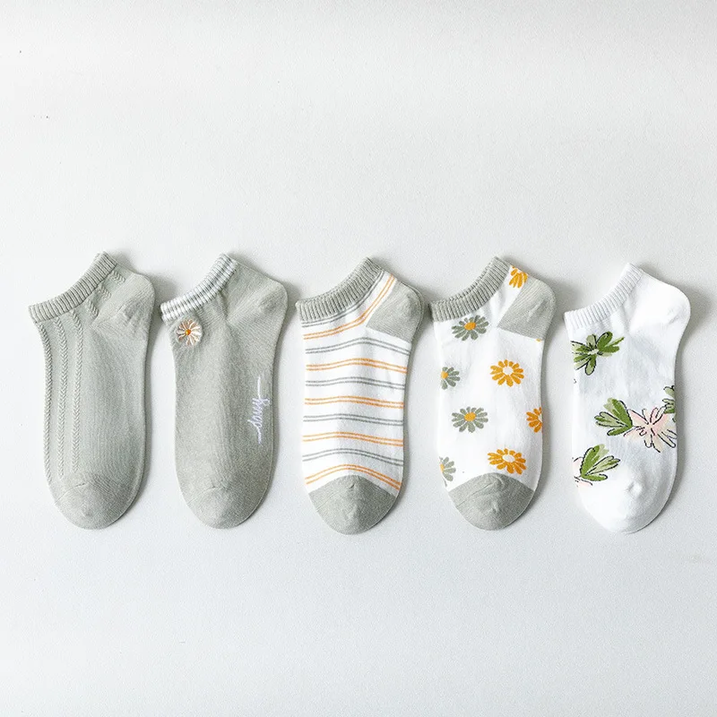 5 Pairs/lot Elegant Funny Cute Cotton Girls Vintage Flowers Short Female Low Cut Ankle Green Leaves Socks Summer Spring Women