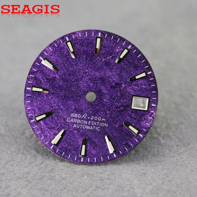SEAGIS 28.5MM Carbon Fiber Dial Purple Deep Universe Dial NH35 Movement Blue Lume For GS Mod Watch Face No Logo