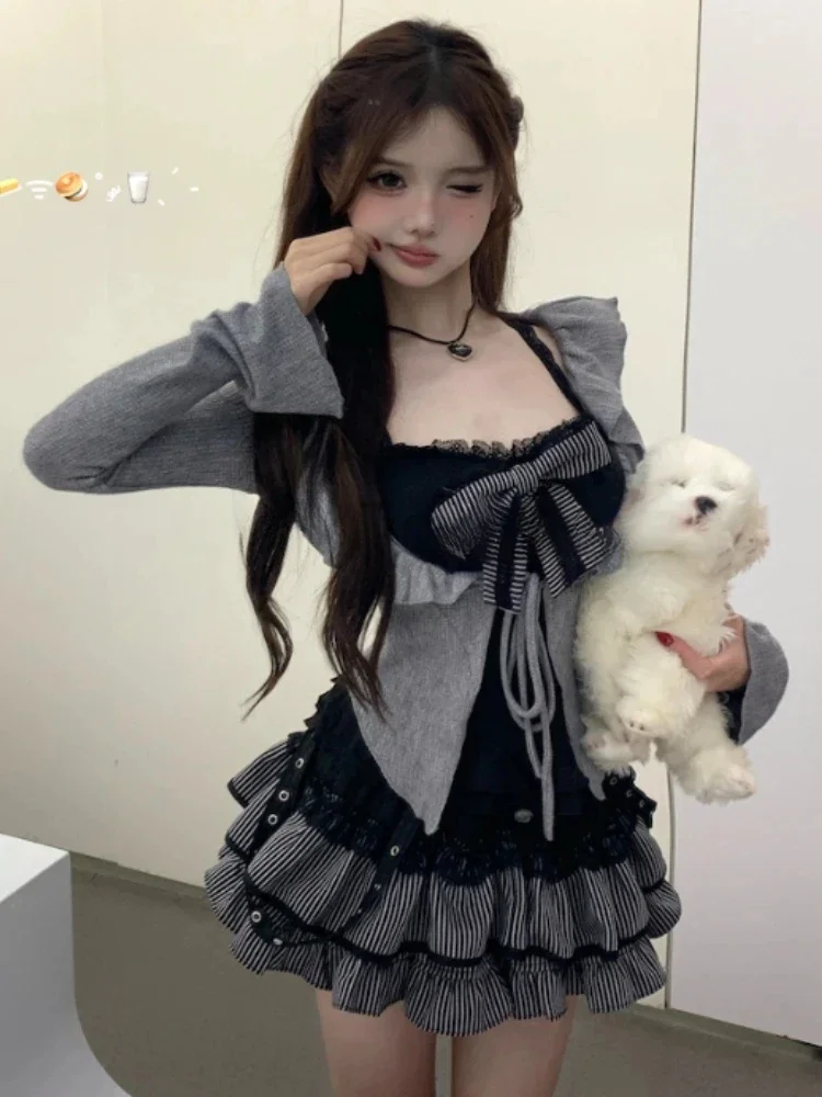 Vintage Bow 3 Piece Set Women Aesthetic Gothic Slim Long Sleeve Cardigan + Elastic Waist Ruffle Short Skirt Knitted Vintage Suit