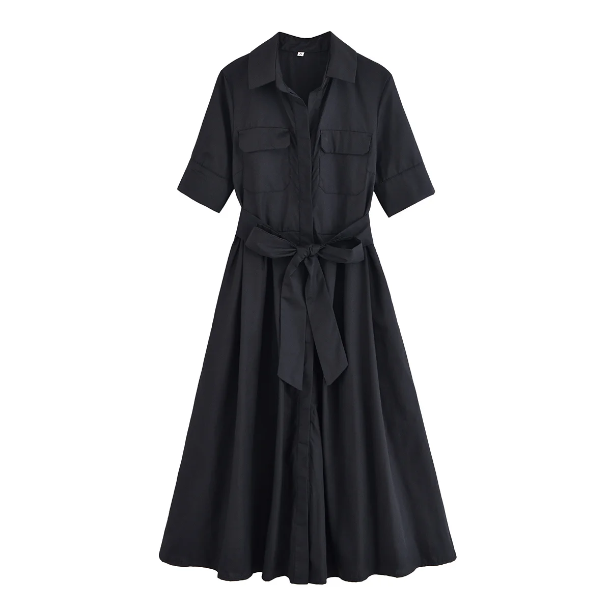 HH Vrouwen Zomer Revers Korte Mouw Pocket Single-Breasted Riem Versieren Midi Jurk Vrouwelijke Mode Shirt Stijl Geplooide Jurk