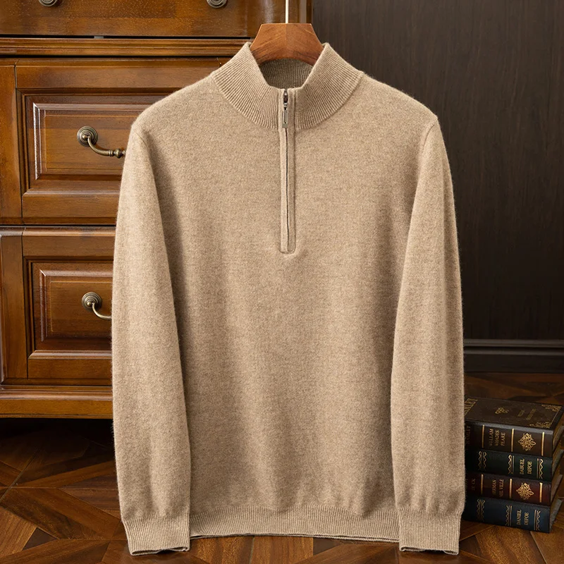 Men's 100% Cashmere Sweater Autumn Winter Mock Neck Zippers Pullover Smart Casual Long Sleeve Cashmere Knitwear Soft Warm Tops