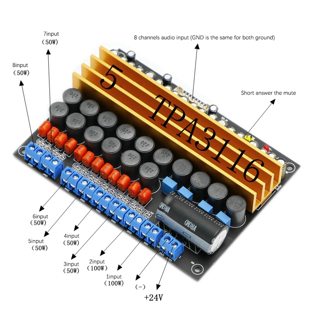 TPA3116 Amplifier Board 100Wx2+6X50W High Power Subwoofer 8-Channel Class D Digital Power Amplifier Board Module