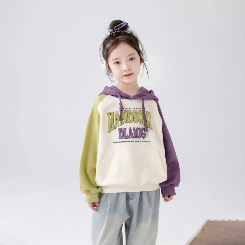 2026 New Girls Spring Hoodie Korean Loose Color Block Sweatshirt Casual Kids Outerwear Tops Clothes