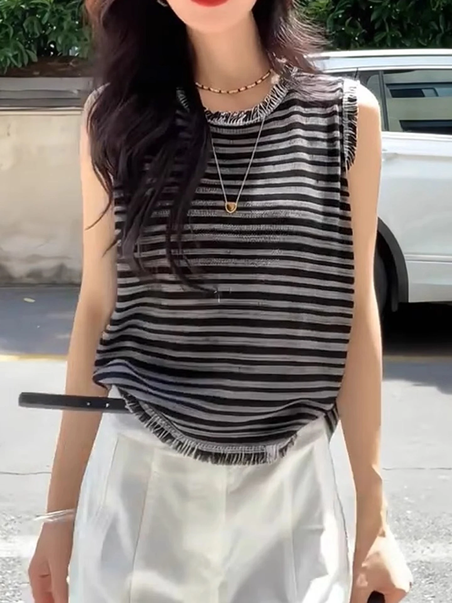 Korean Sle round Ne Tassel Design Vest Summer 2025 Slim Fit Svel Knitted Top Color Blo Striped Pattern