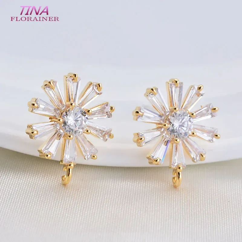 4PCS  Flower Stud Earrings 15mm *12mm 14K Gold Color Plated Brass with Zircon High Quality Diy Jewelry Findings Accessories