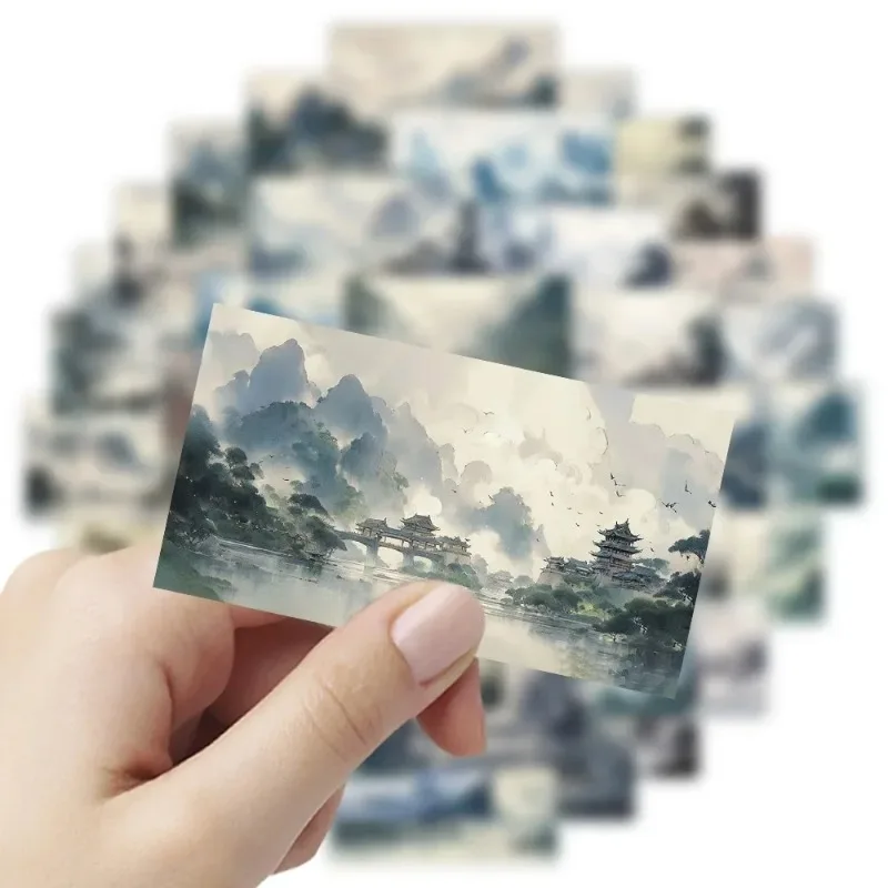 60Pcs Chinese Retro Style Landscape Ink Painting Stickers - Water Cup Mobile Phone Case Luggage DIY Decoration Scrapbook Decals