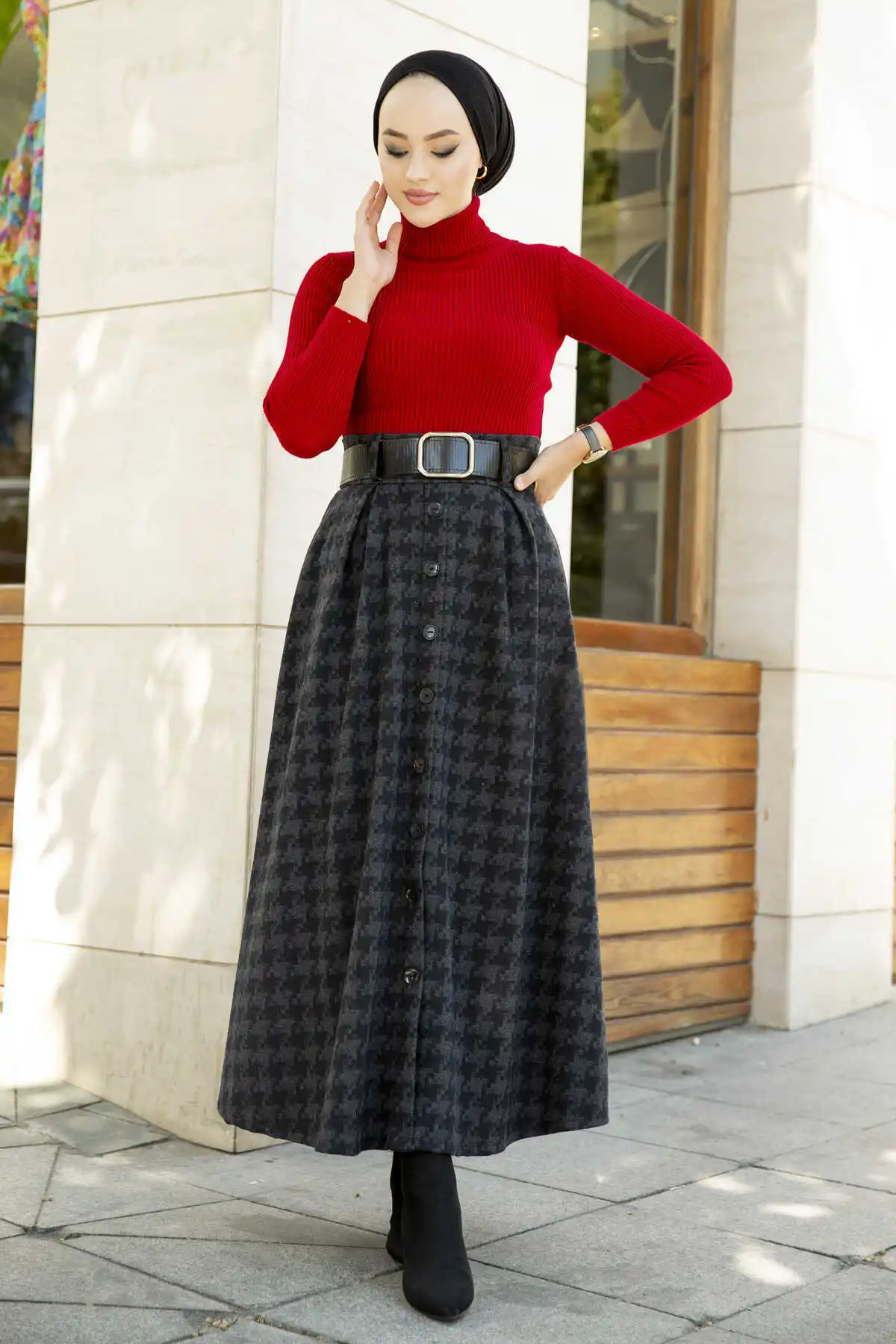 Crowbar Patterned Skirt Anthracite Winter Autumn 2021 Muslim Women Hijab headscarf Islamic Turkey