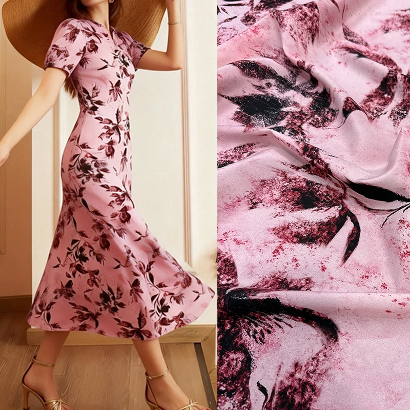 Black Floarl Printed Stretch Pink Silk Crepe de Chine Fabric for DIY Sewing Summer Dress Skirt Pajamas Soft Silk Fabric FR6988
