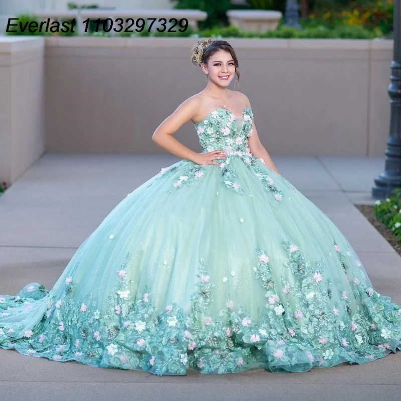 

EVLAST Mexican Shiny Mint Quinceanera Dress Ball Gown Colorful Floral Applique Beading Corset Sweet 16 Vestido De 15 Anos TQD557