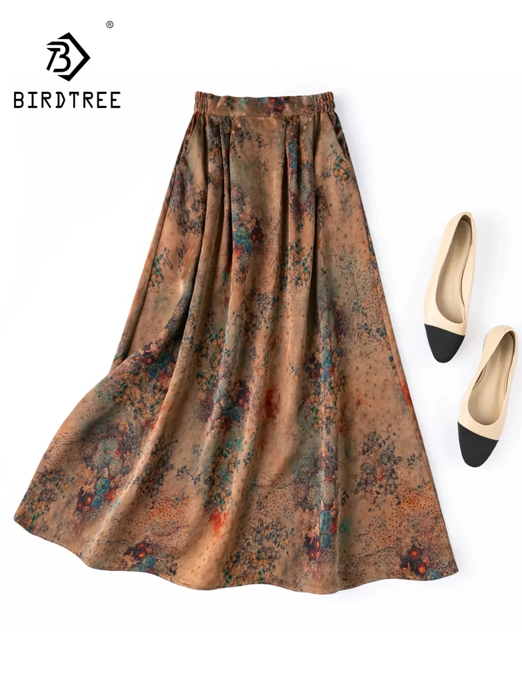 BirdTree-100%Real Silk Watered Gauze Elegant Skirts, Elastic Waist Jacquard, Women Retro A-line Skirt, 2026 Autumn New B69029CC