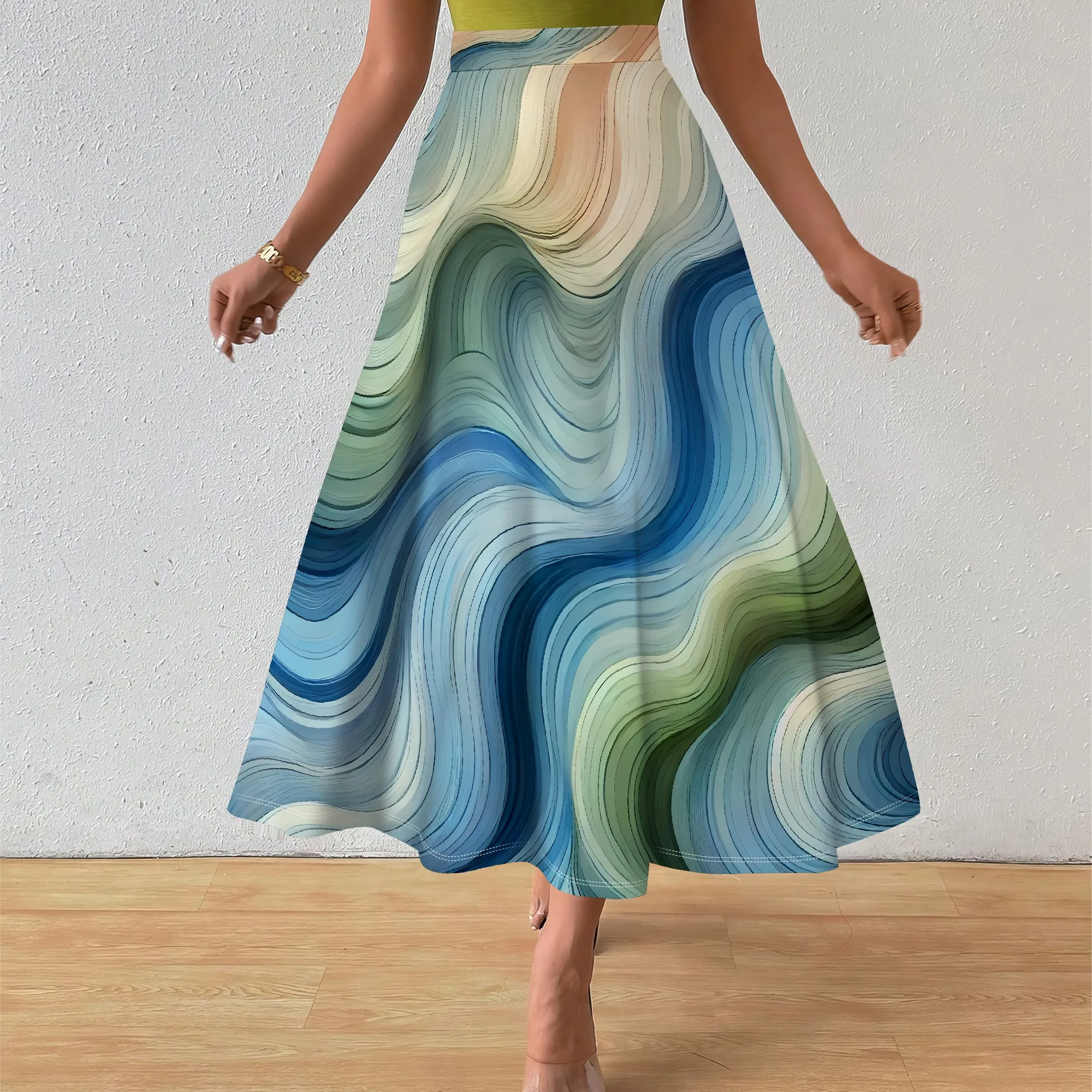 

Nupusa Wavy Print Skirt for Women Standard Size Summer Casual High - Waist Midi Skirt