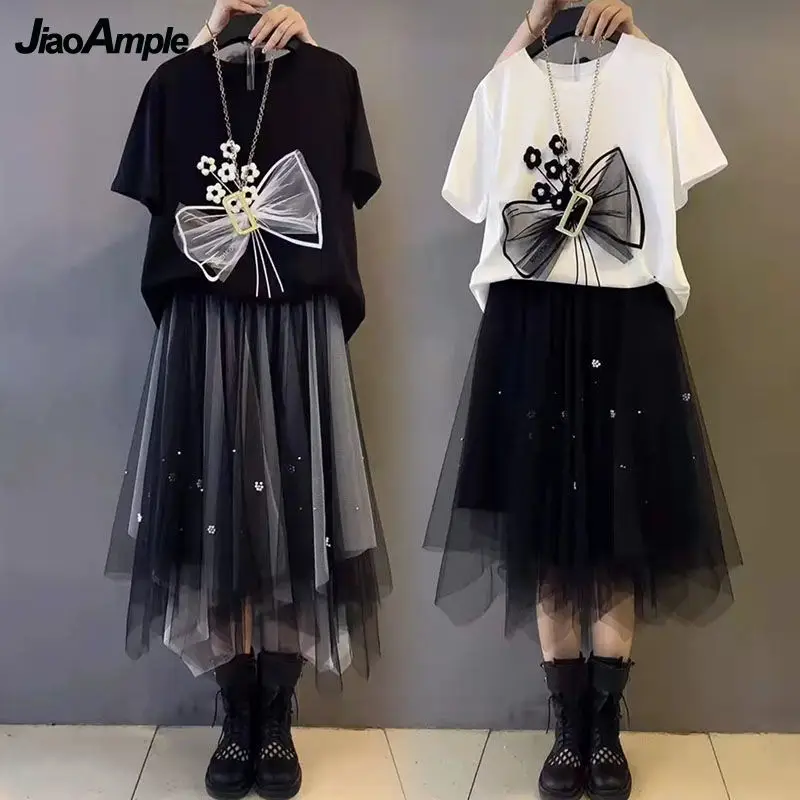 

Летняя мода 2022, большой сетчатый цветочный бант, Женский комплект из двух предметов, повседневный Свободный Топ с круглым вырезом, юбка-трапеция, наряды