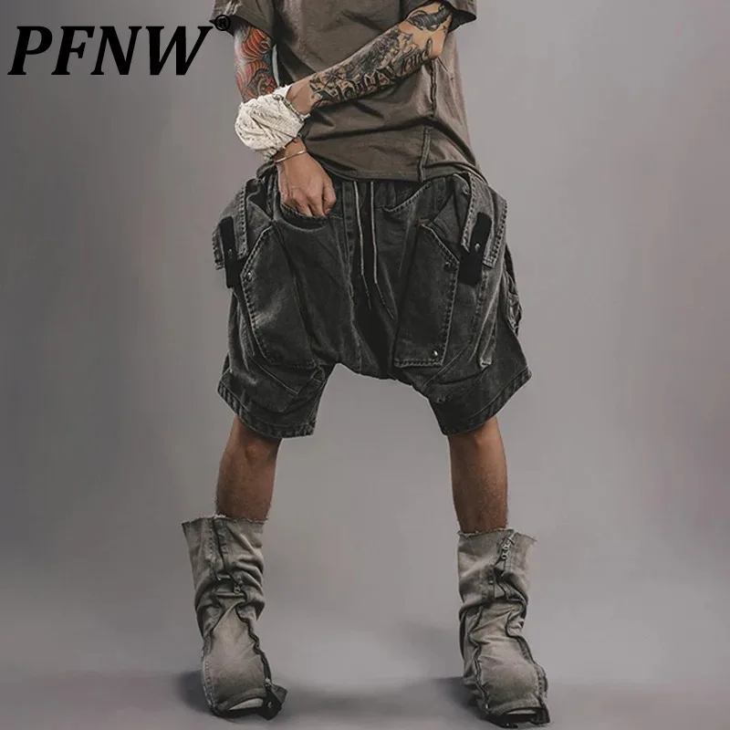 PFNW New Summer Male Casual Shorts Worn-out Three-dimensional Bottom Elastic Waist Solid Color Men\'s Trousers Functional 12C484