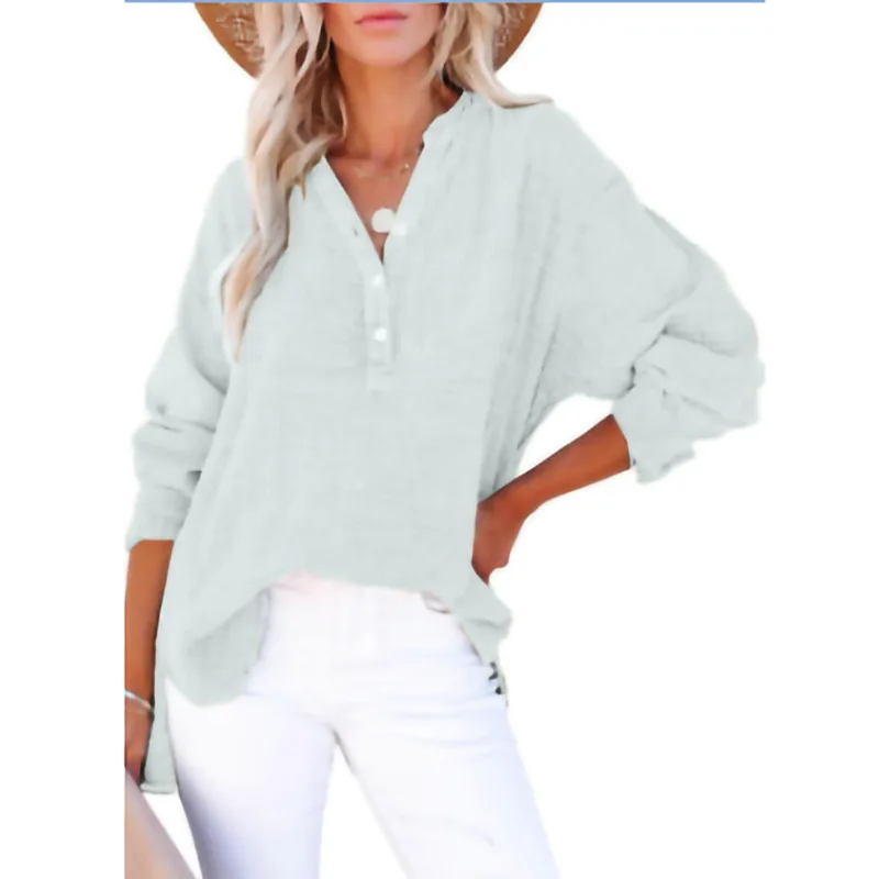 

Fashion Spring And Autumn Pleated Button-up Long-sleeved Solid-color Top Women's Shirt, Loose Cotton Jumper