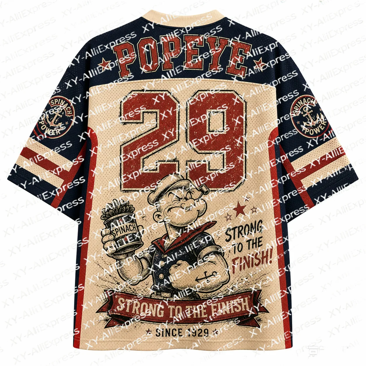 V-neck Mesh Football Jersey, Vintage Sailor All-over Print,anchor Navy Cartoon Pattern, Short Sleeves Retro Cartoon Street Style