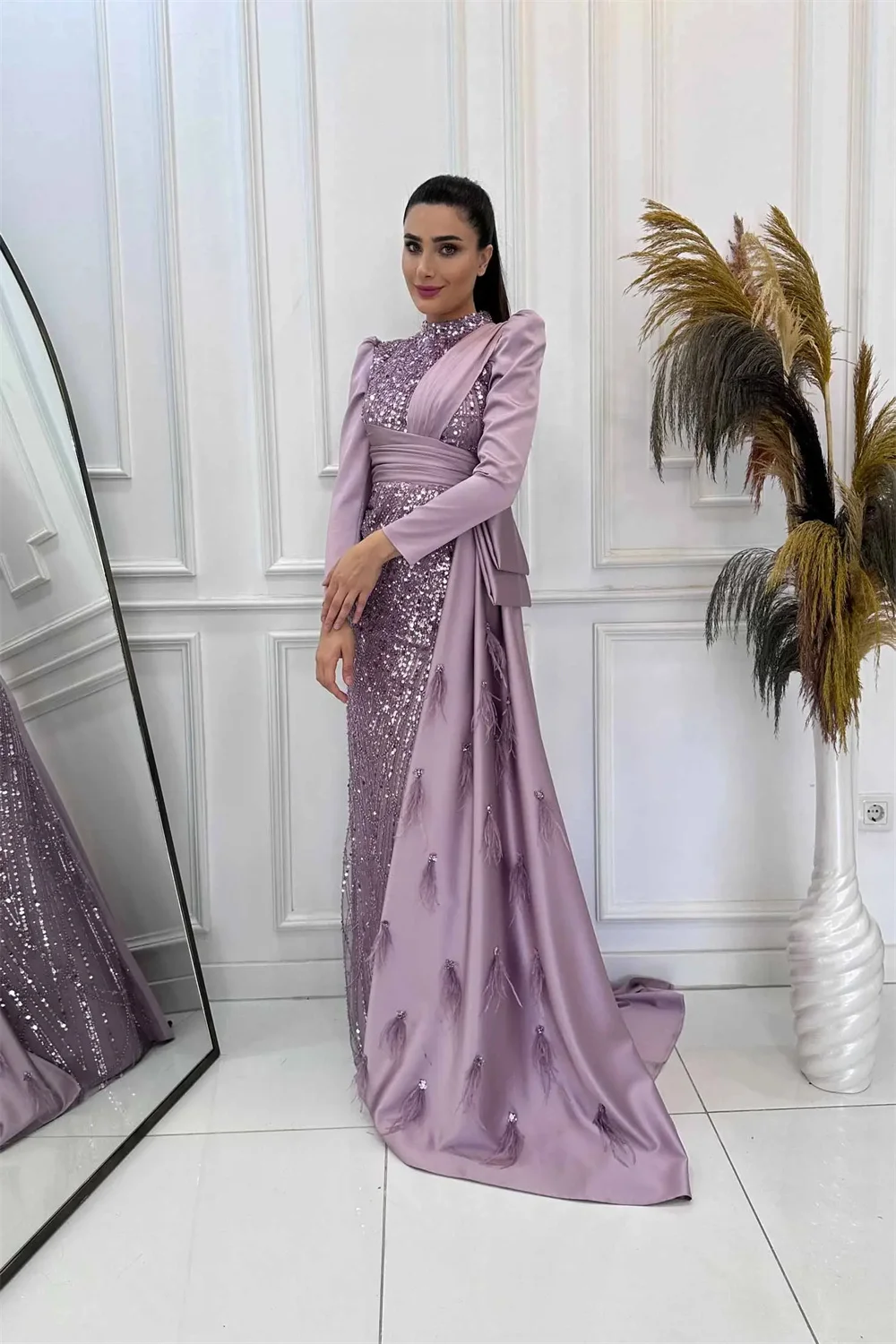 Amanda Modest Long Sleeve فساتين سهرة Luxurious Purple Satin Vestidos De Fiesta Sequins Elegant High Neck Porm Dresses 2024