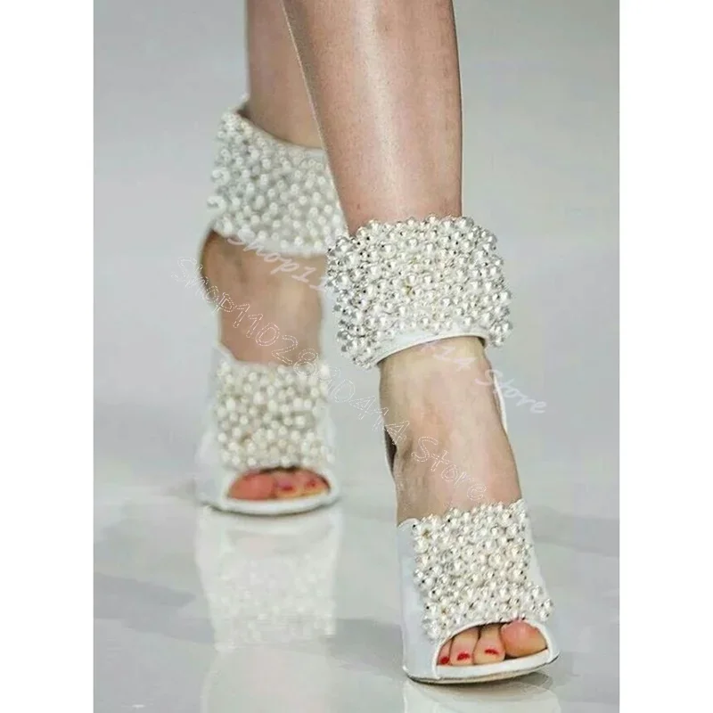 

Colorful Pearl Decor Open Toe Runway Sandals Back Zipper Women Shoes Thin High Heels Party Feast Runway 2024 Zapatos Para Mujere