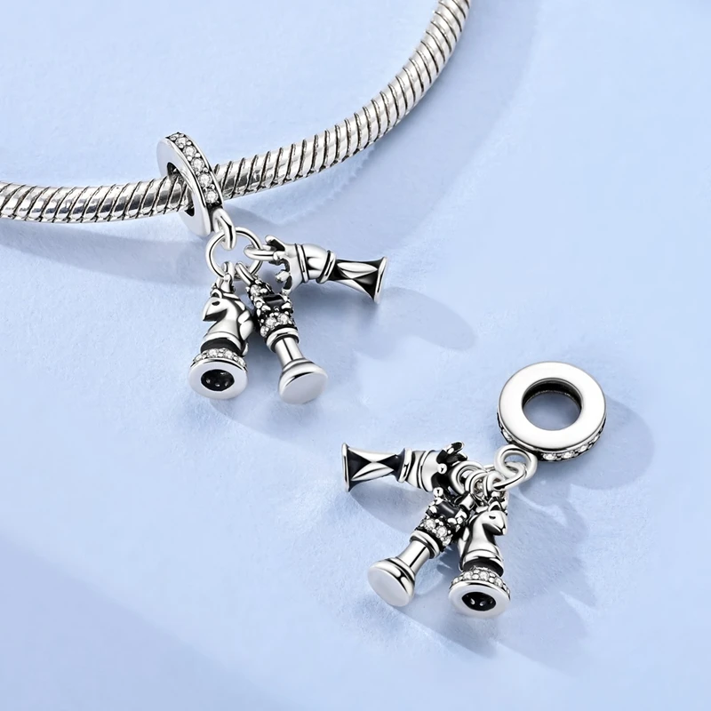 

925 Sterling Silver 3D Chess Knight Dangle Charm Inlaid Zircon Pendants Fit Original Bracelet DIY Women Jewelry Gift