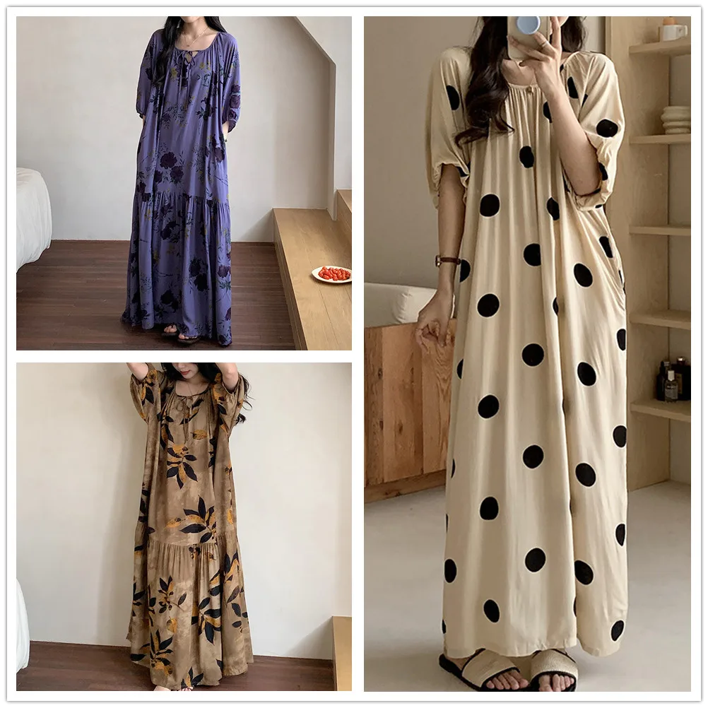 Summer Women's Sleeping Skirt Half Sleeve Loose Round Neck Floral Viscose Home Dress