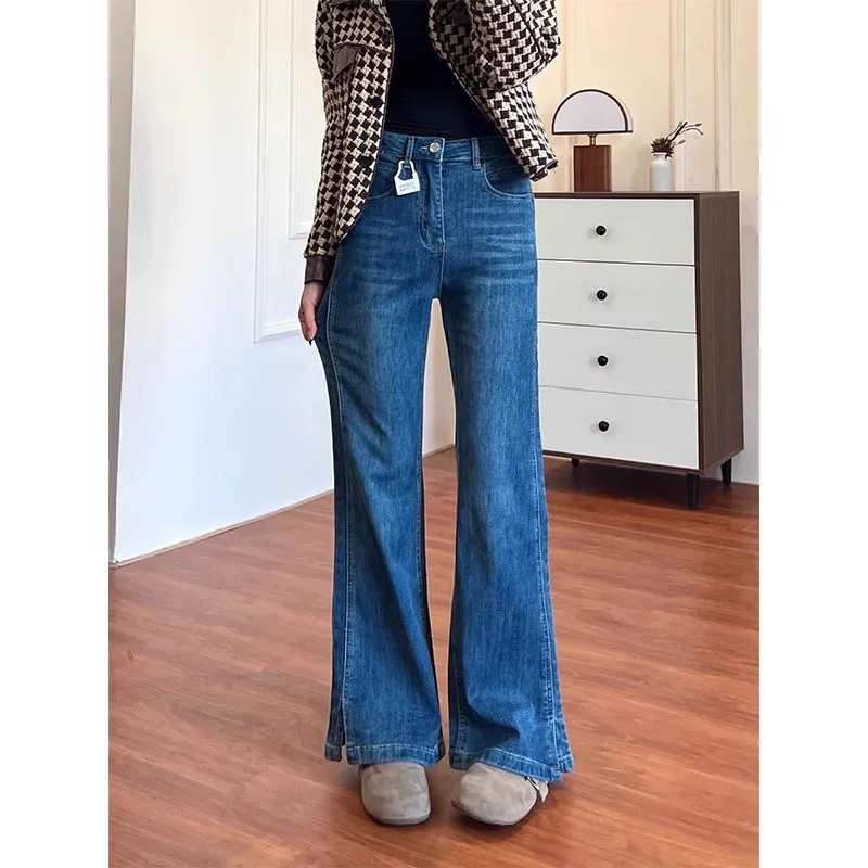 Dark Blue Split-ended Micro-pull Jeans Women's Trend Versatile Large Size Slim-fitting High-waisted Elastic Horn Long Pants