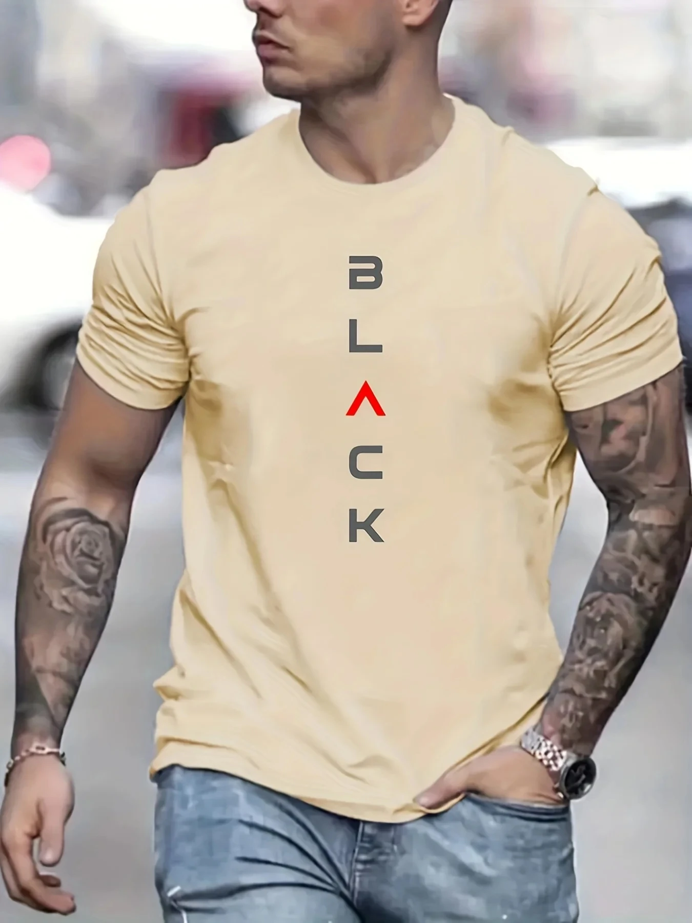 3D printed men's casual loose summer T-shirt,round neck short sleeved T-shirt with black print,2024 summer new style