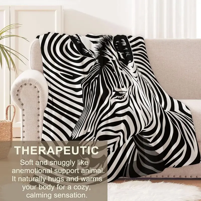 VIKAMA Abstract Zebra Stripe Optical Illusion Flannel Throw Blanket Black White Art Print Soft Sofa Decor Gift for Animal Lovers