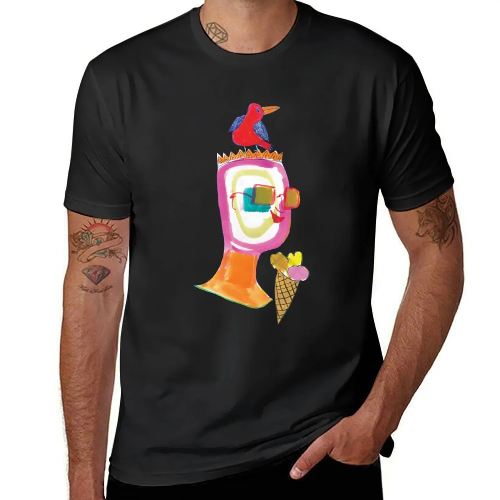 happy summer image with sunglasses, icecream and a bird T-Shirt customizeds vintage shirts graphic tees t shirts men