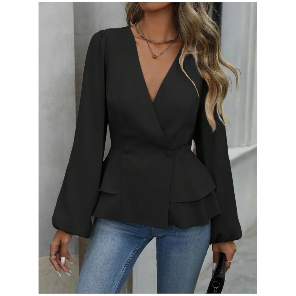 Outono nova cor sólida profundo decote em v manga comprida camisa feminina moda botão cruz camisa elegante senhoras versátil escritório topos 2025