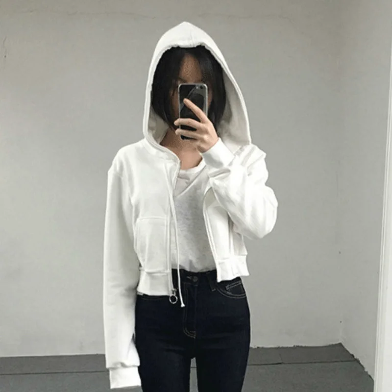 Hoodies Women Hooded Solid Short Style Zipper Slim Harajuku Chic Trendy Simple All-match Thin Long Sleeve New Streetwear