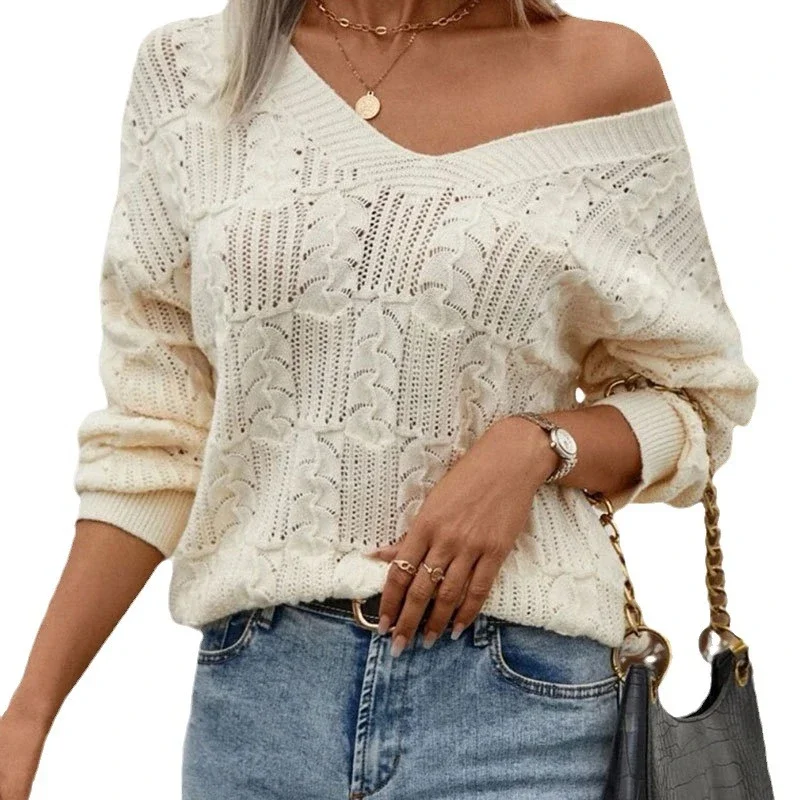 Plus Size Women's Knitted Hollow Out Sweater V Neck Oversized Spring Autumn Thin Sweaters for Women Simple Loose Fashion