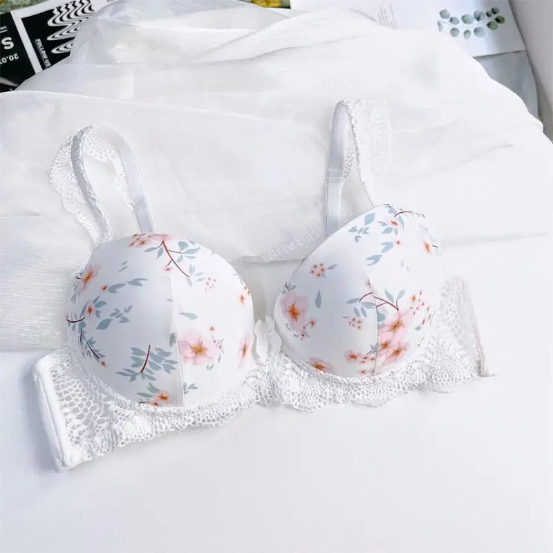 UBAU Printed glossy cute sweet girl summer small breasts gathered lace bra sexy sweet underwear set