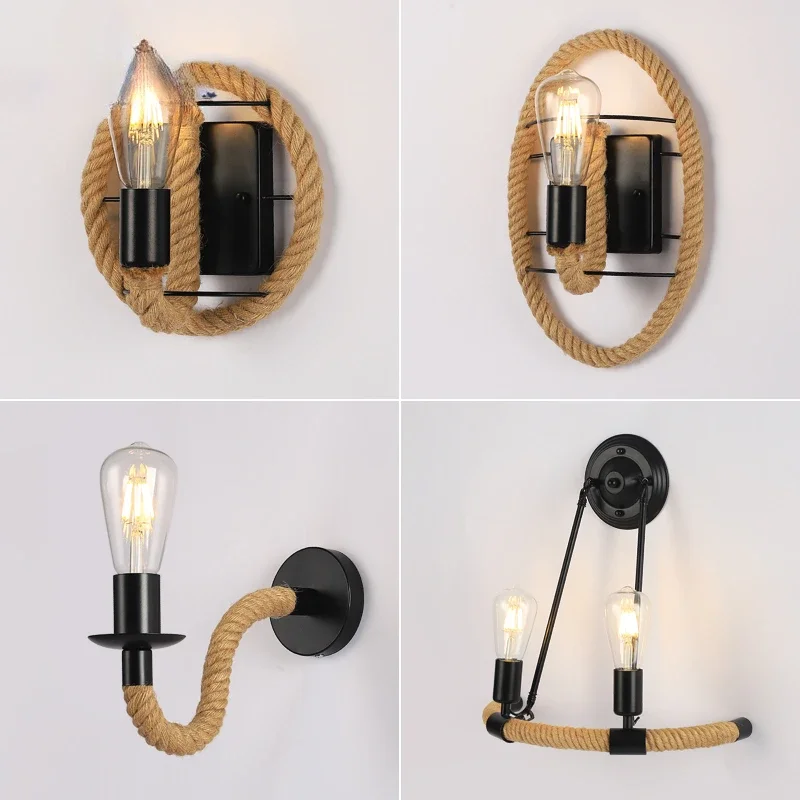 

Hemp Rope Wall Lamp Retro Interior Loft Industrial American Style E27 110V 220V Room Decor Light