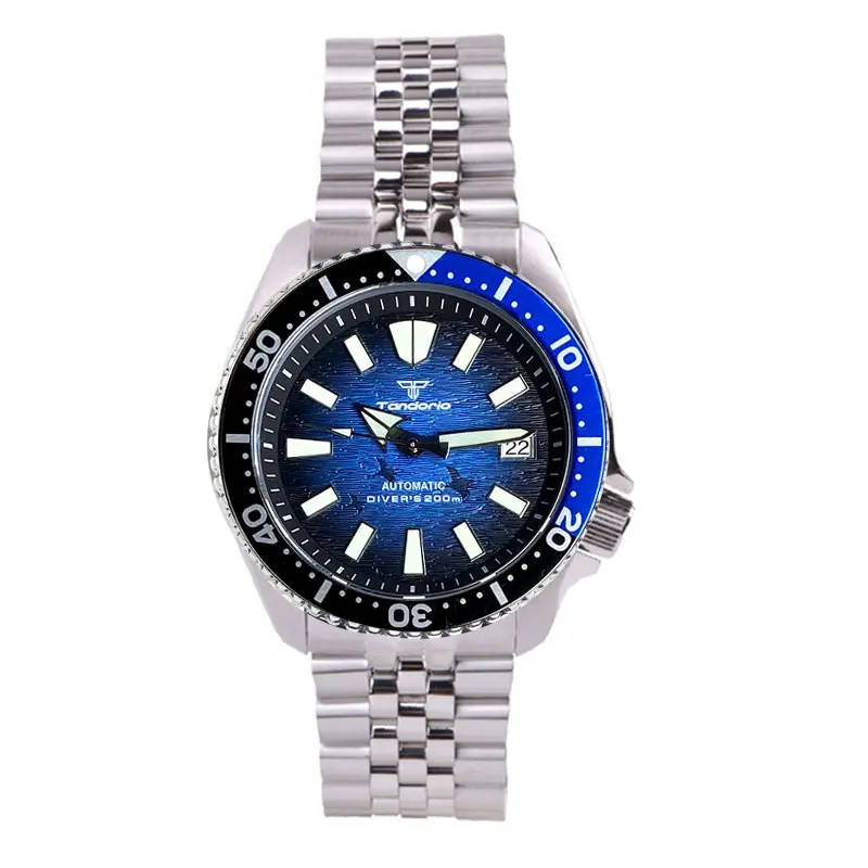 41mm Tandorio Blue Dive Automatic Wristwatch Men Water Resistant nh35 Movt 3.8 Crown Flat Sapphire Professional Diver