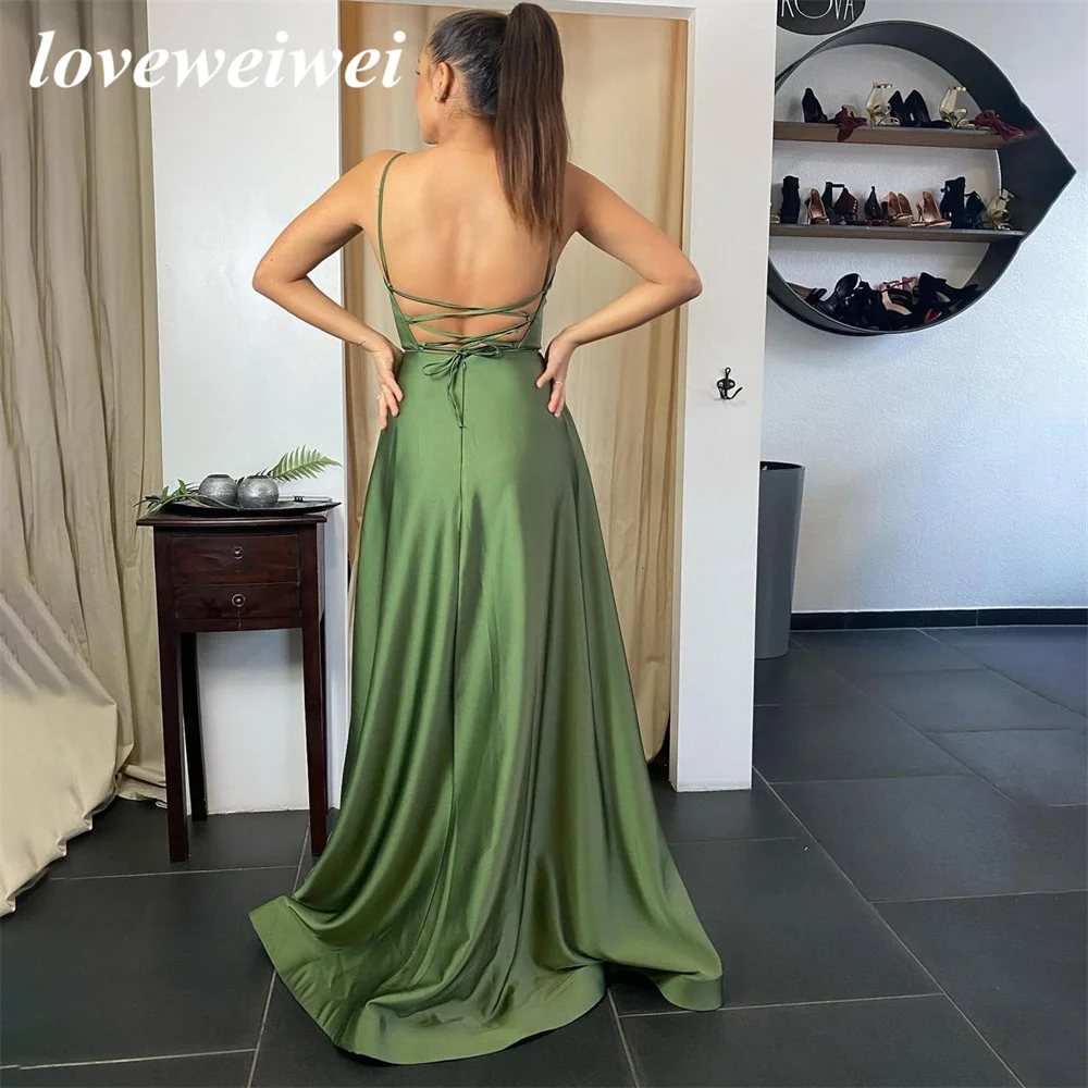 Drak verde a linha vestidos de noite colher pescoço vestido de baile de formatura vestidos de festa de cinta de espaguete alta divisão tamanho personalizado vestidos de noche