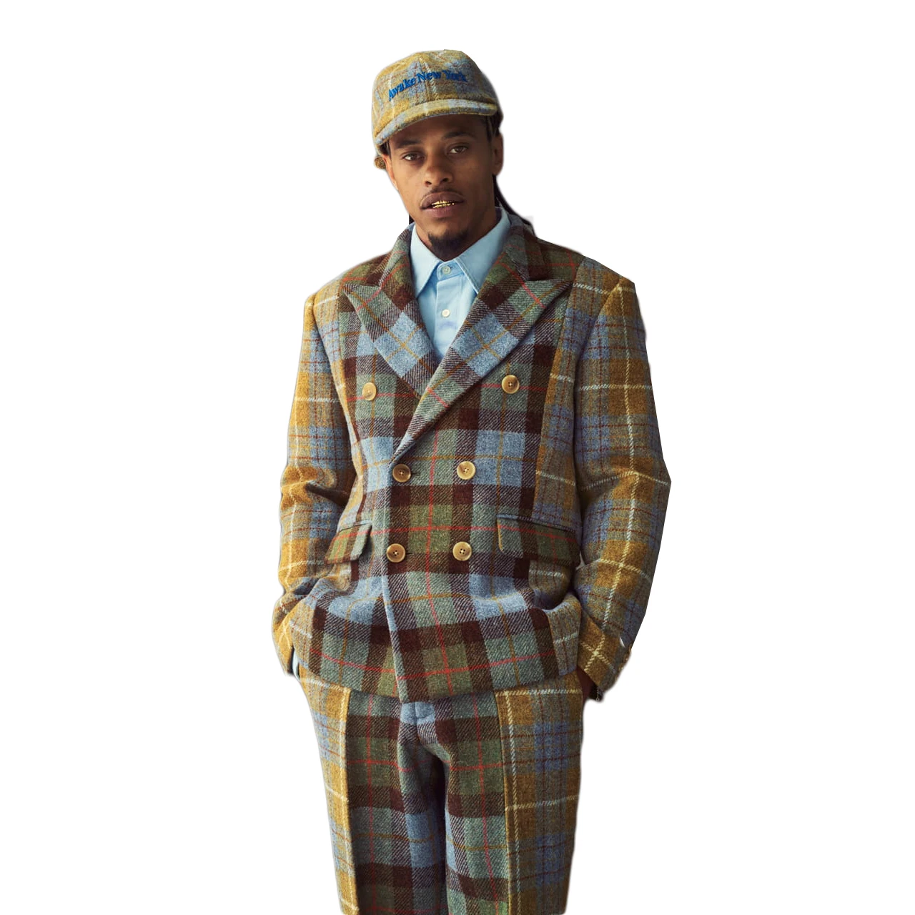 Classic Brown Plaid Tweed Double-Breasted Suit with Matching Cap and Flap Pockets Men Autumn Vintage Tuxedo Customized M232602