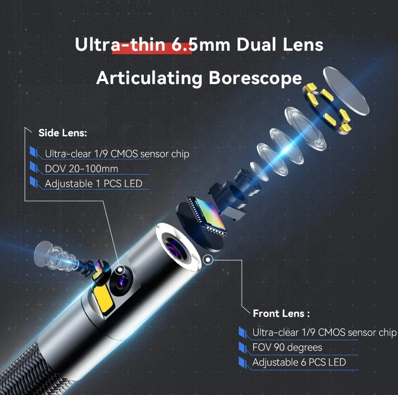 Industrial Hard Tube Borescope 6.5MM Dual Lens Endoscope with 5 Inch Display for Engine Repair and Pipe Check