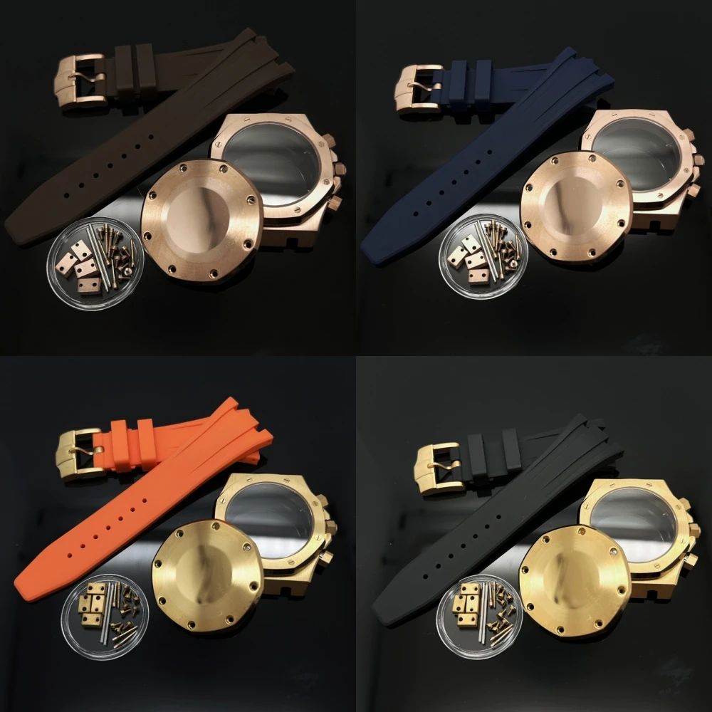 Black Rose Gold 41MM Rubber Steel Style Case Strap Watch Parts Buckle for Oak 31.8mm Dial VK63 Quartz Movement Watch Pointer Kit view 2