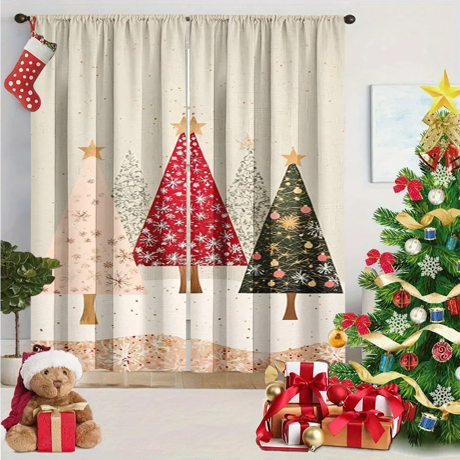 2PCS Christmas Winter Curtains, Minimalist Three Christmas Tree Snow Beige, Digital Print, Bedroom Living Room, Home Decor