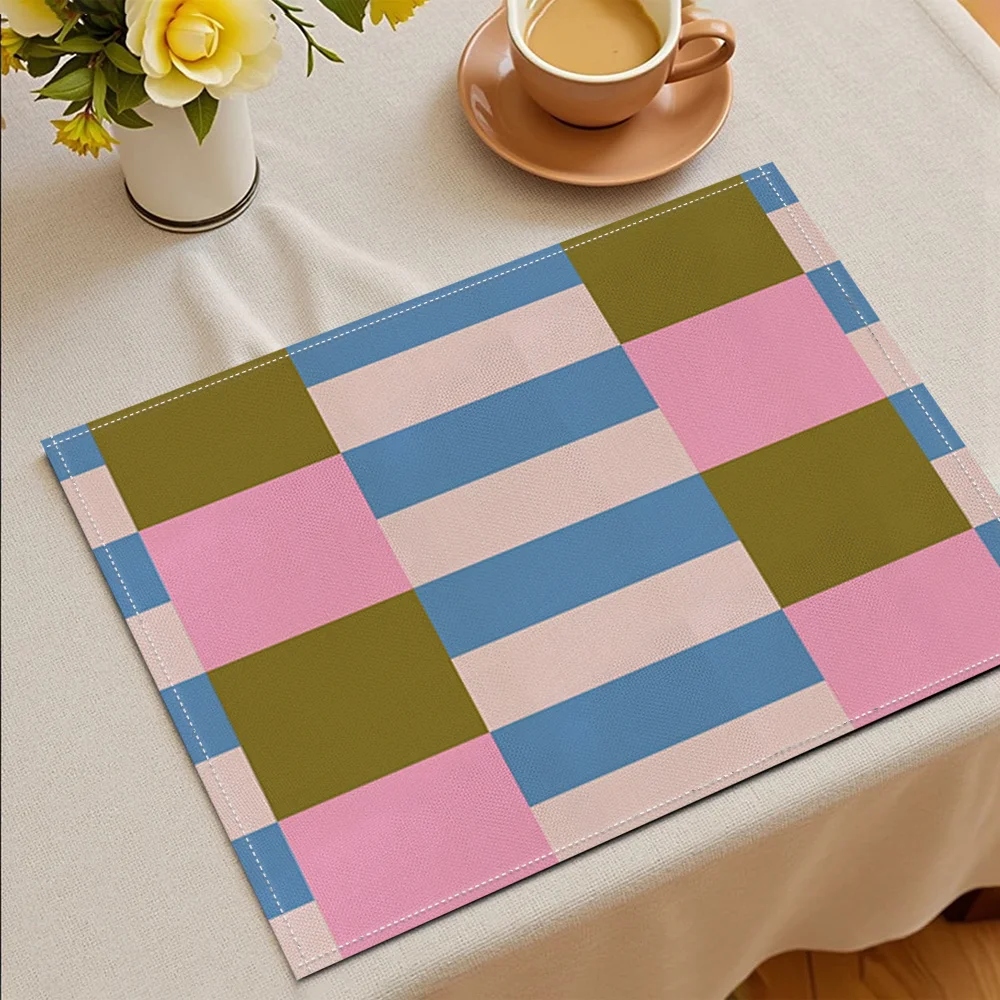 4pcs Abstract Geometric Placemats Olive Pink Blue Beige Block Pattern Washable Table Mats for Modern Nordic Kitchen Decor