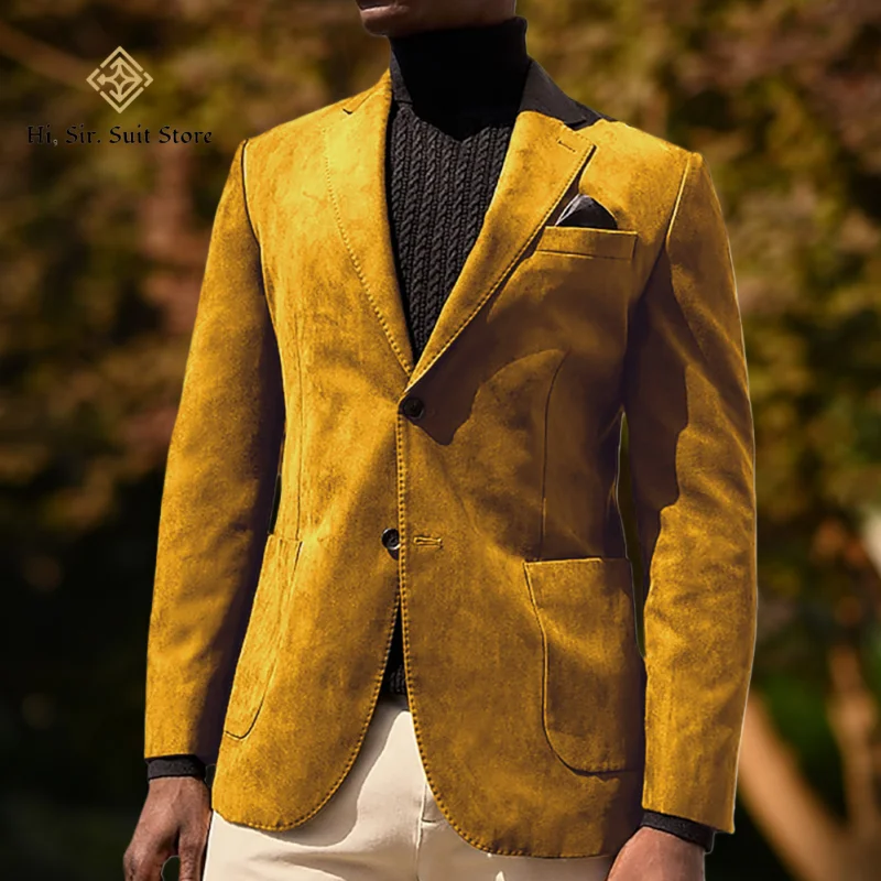 ملابس خارجية للرجال لخريف/شتاء من جلد الغزال المخملي غير رسمية بقصة ضيقة وطية صدر مدببة سترة واحدة الصدر مصممة بدلة رجالية على الطراز الأوروبي #2
