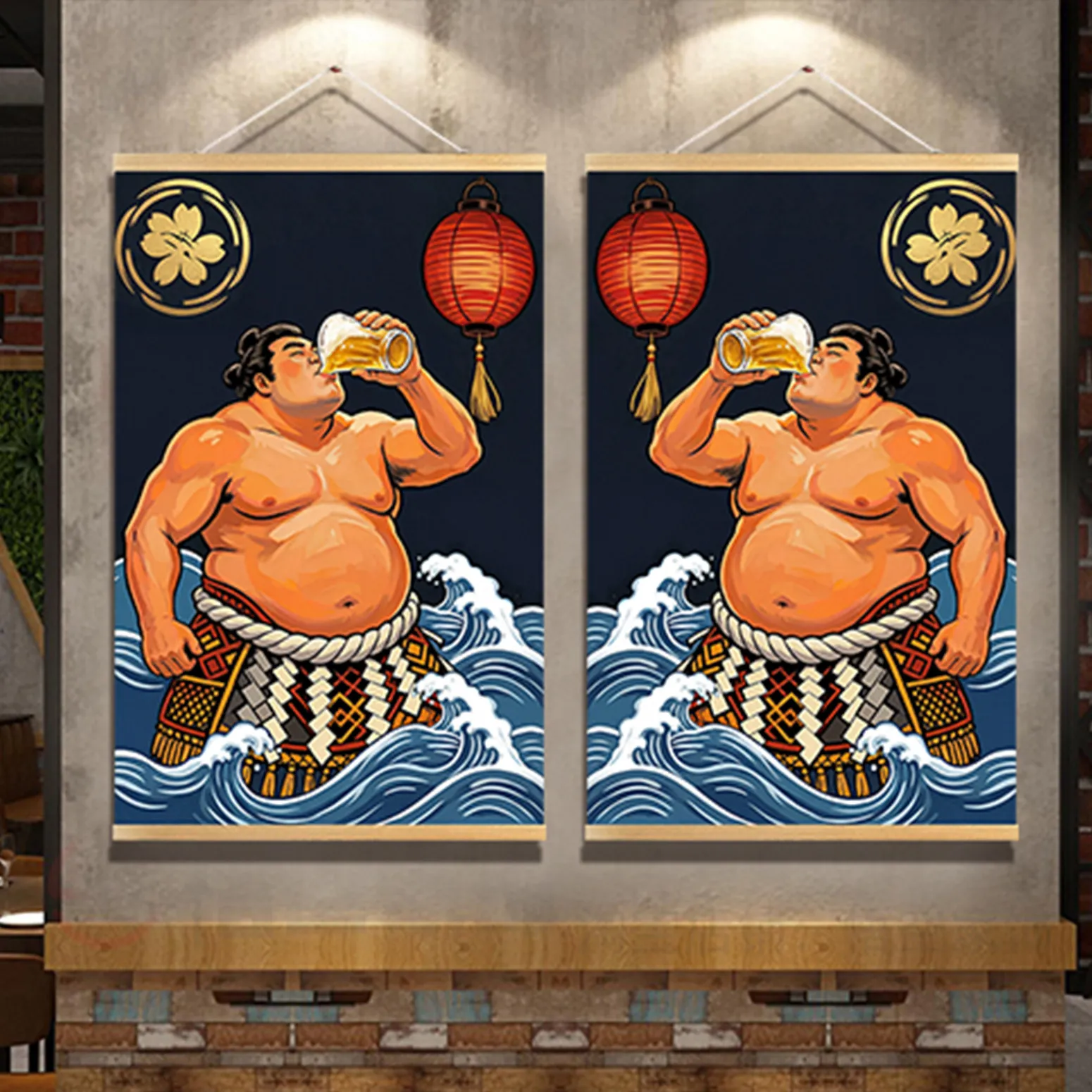 Japanese restaurant with  decoration Yakiniku sushi restaurant Asahi Grill Izakaya Beer Sumo hanging cloth painting